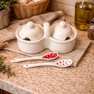 Vintage Ceramic Double Condiment Server with Matching ♥️ spoons